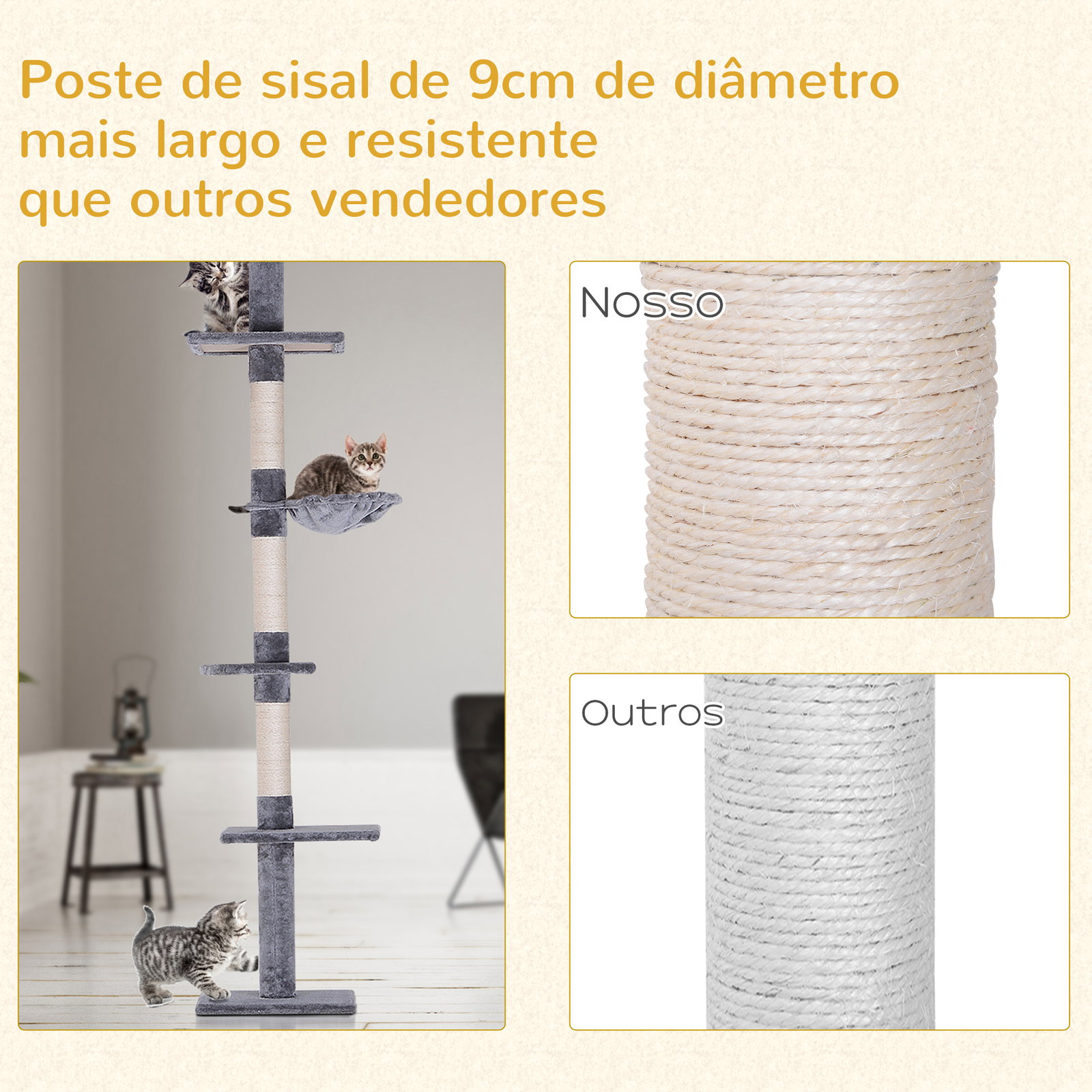 Árvore arranhadora para gatos arranhador para fixar ao teto altura ajustável com plataformas poste de sisal 40x34x230-260cm cinza