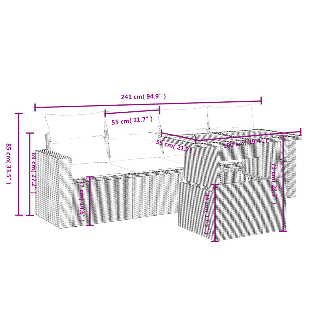 5 Pcs conjunto de sofás p/ jardim com almofadões vime PE bege