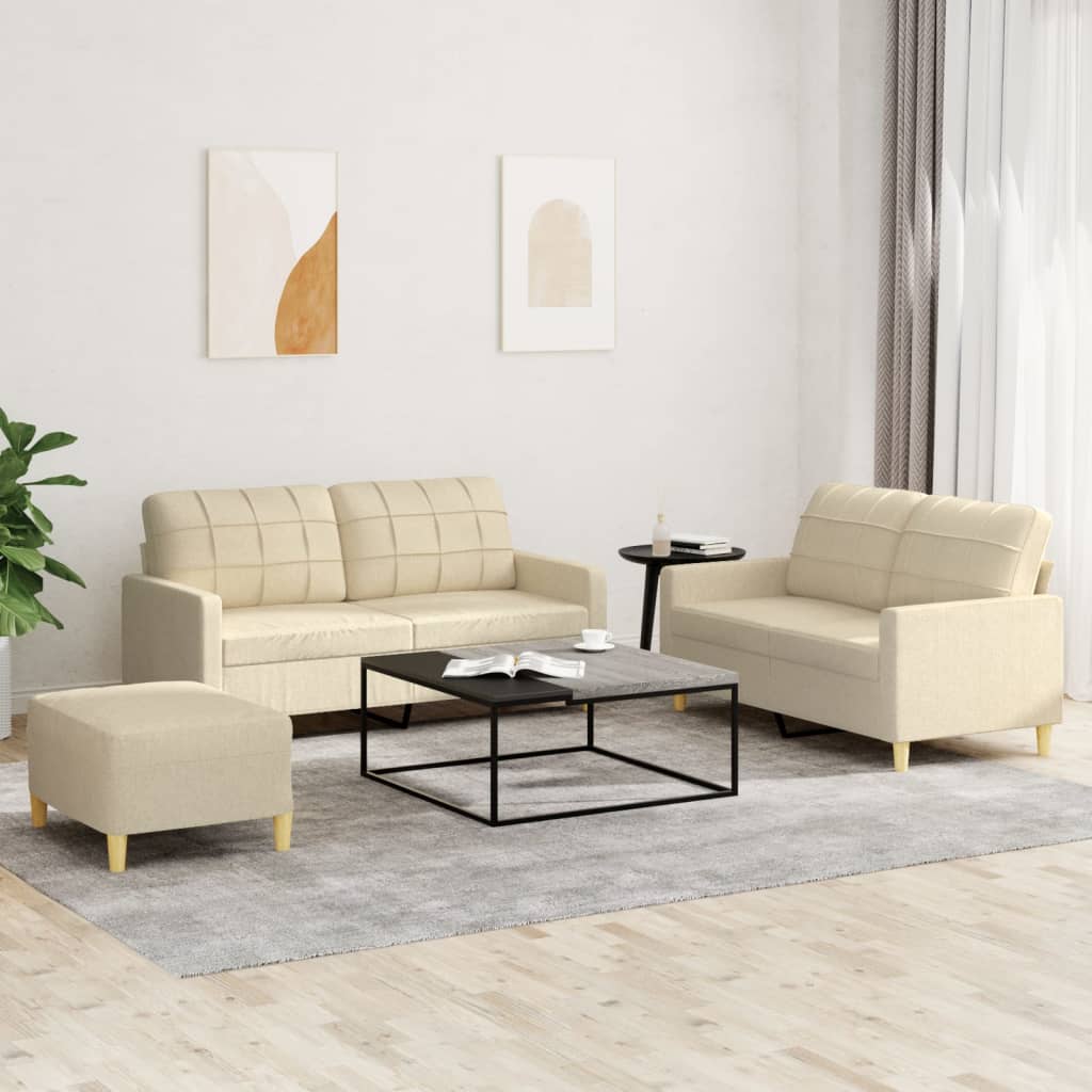 3 Pcs conjunto de sofás com almofadões tecido cor creme