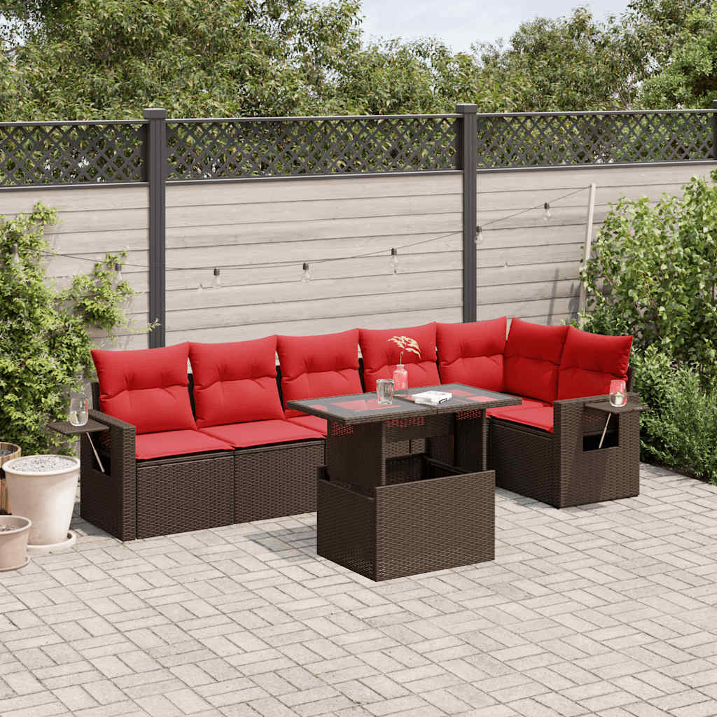 Conjunto de sofá de jardim com 7 peças e almofadas em rattan sintético marrom