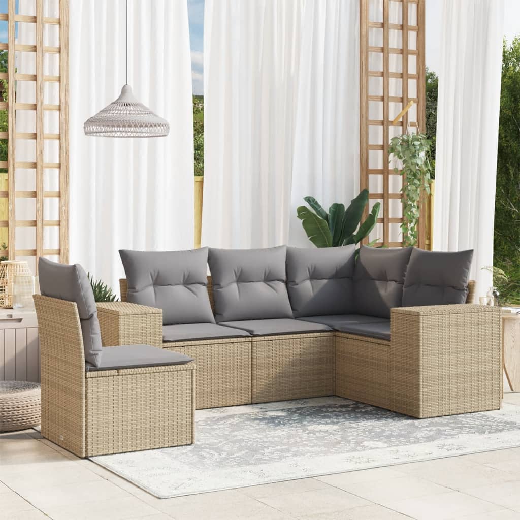 5 Pcs conjunto de sofás p/ jardim com almofadões vime PE bege