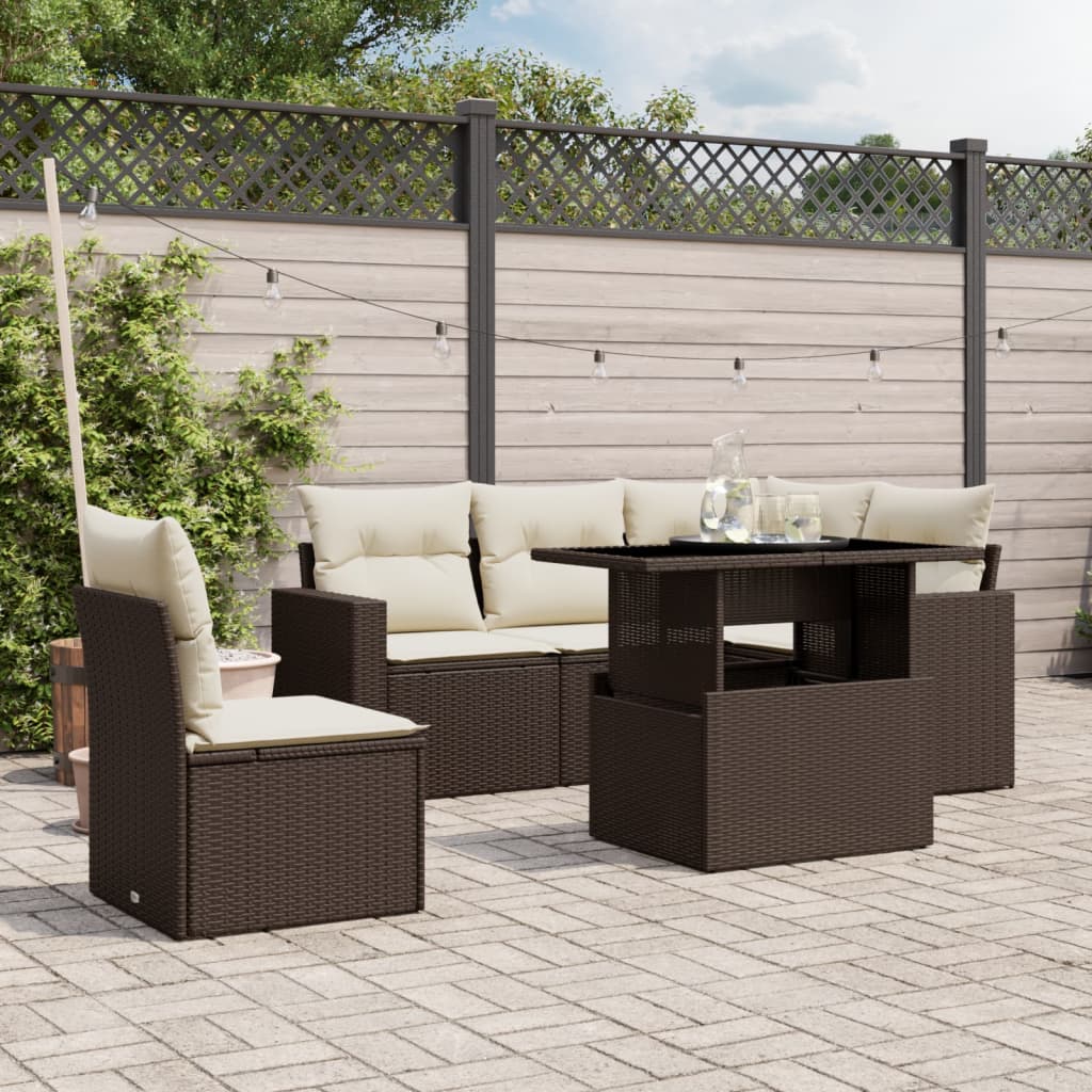 6 Pcs conjunto de sofás jardim c/ almofadões vime PE castanho