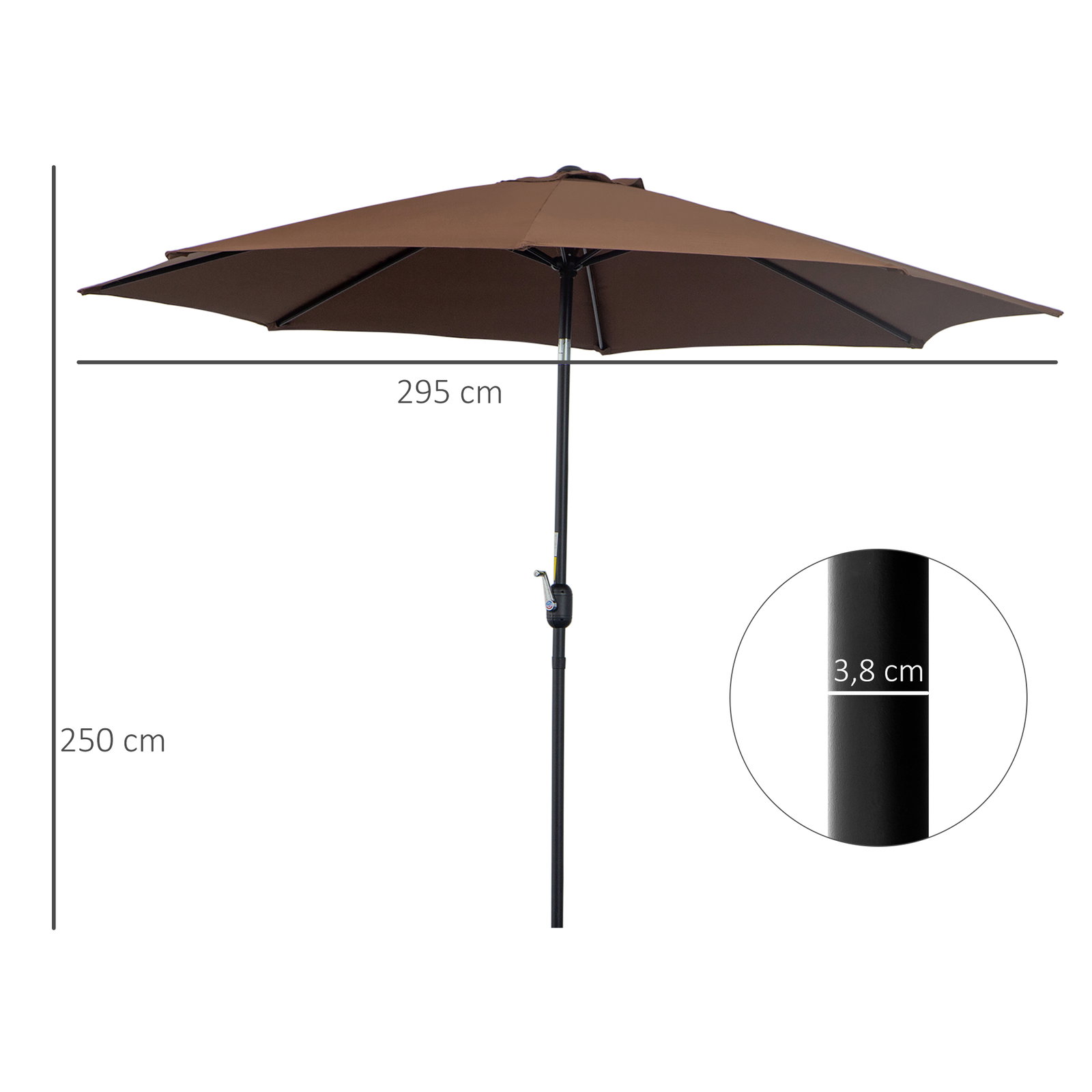 Chapéu de Sol de Jardim Ø295x250cm com Manivela Chapéu de Sol Exterior com Mecanismo de Inclinação e Mastro Desmontável de Metal