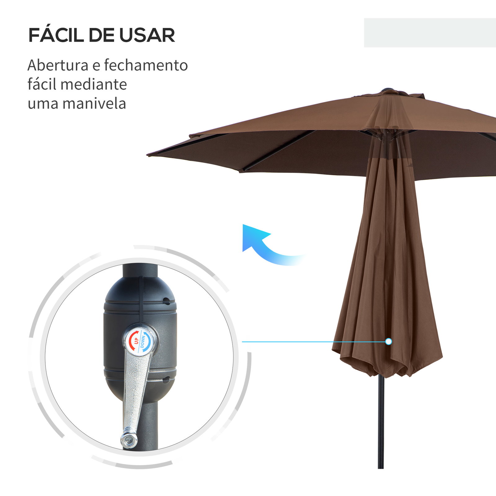 Chapéu de Sol de Jardim Ø295x250cm com Manivela Chapéu de Sol Exterior com Mecanismo de Inclinação e Mastro Desmontável de Metal