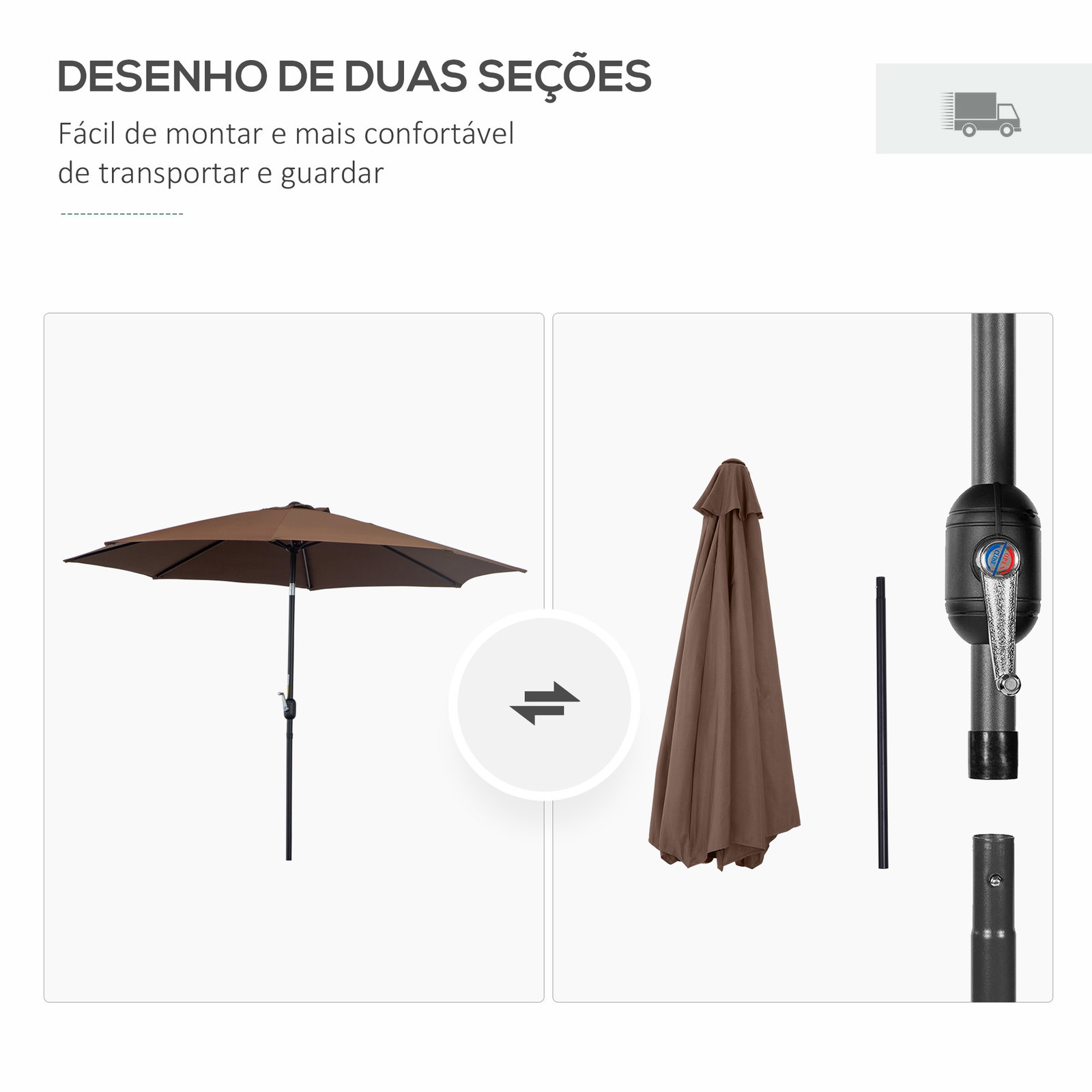 Chapéu de Sol de Jardim Ø295x250cm com Manivela Chapéu de Sol Exterior com Mecanismo de Inclinação e Mastro Desmontável de Metal