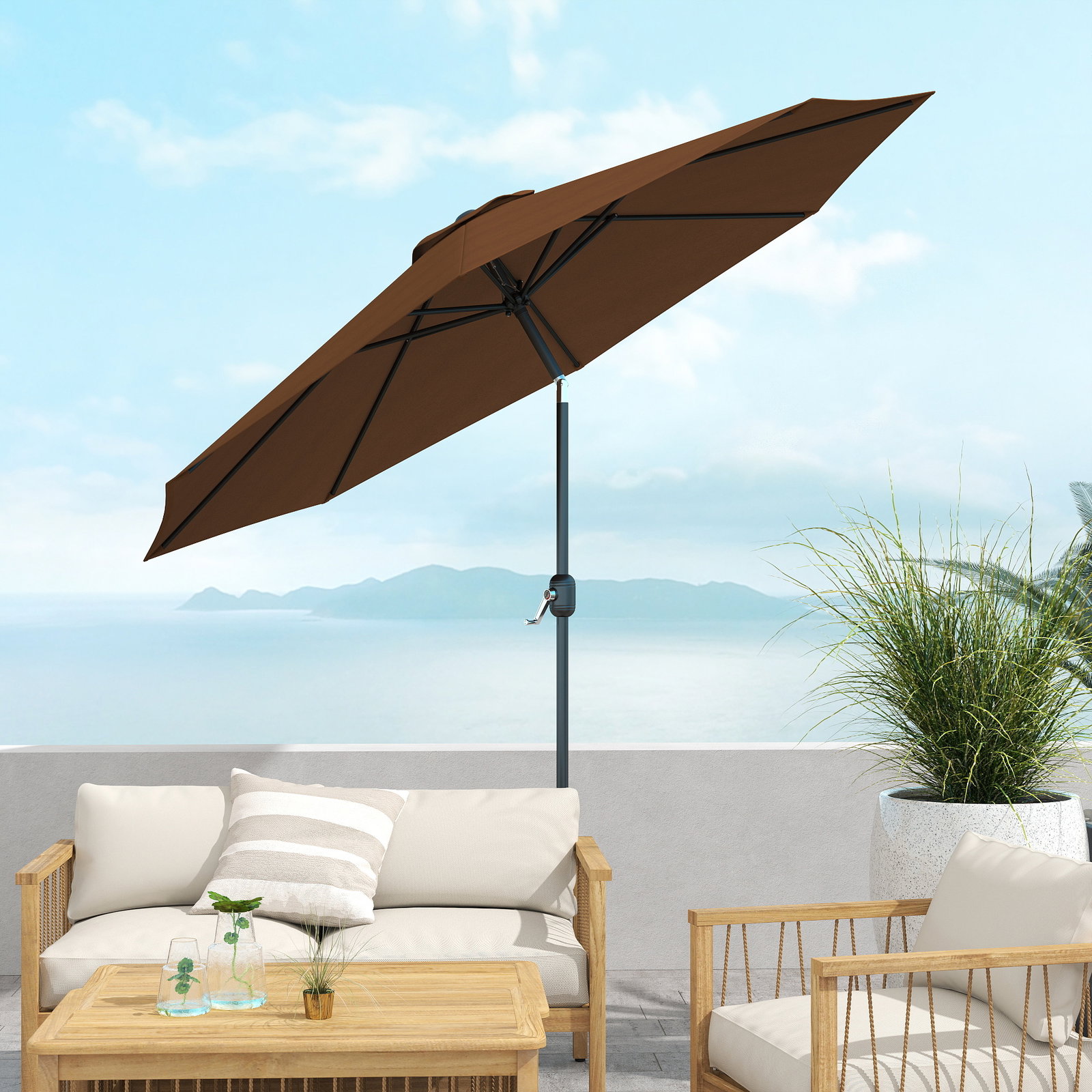 Chapéu de Sol de Jardim Ø295x250cm com Manivela Chapéu de Sol Exterior com Mecanismo de Inclinação e Mastro Desmontável de Metal