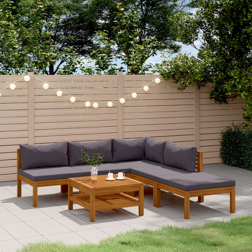 6 Pcs conjunto lounge de jardim c/ almofadões acácia maciça