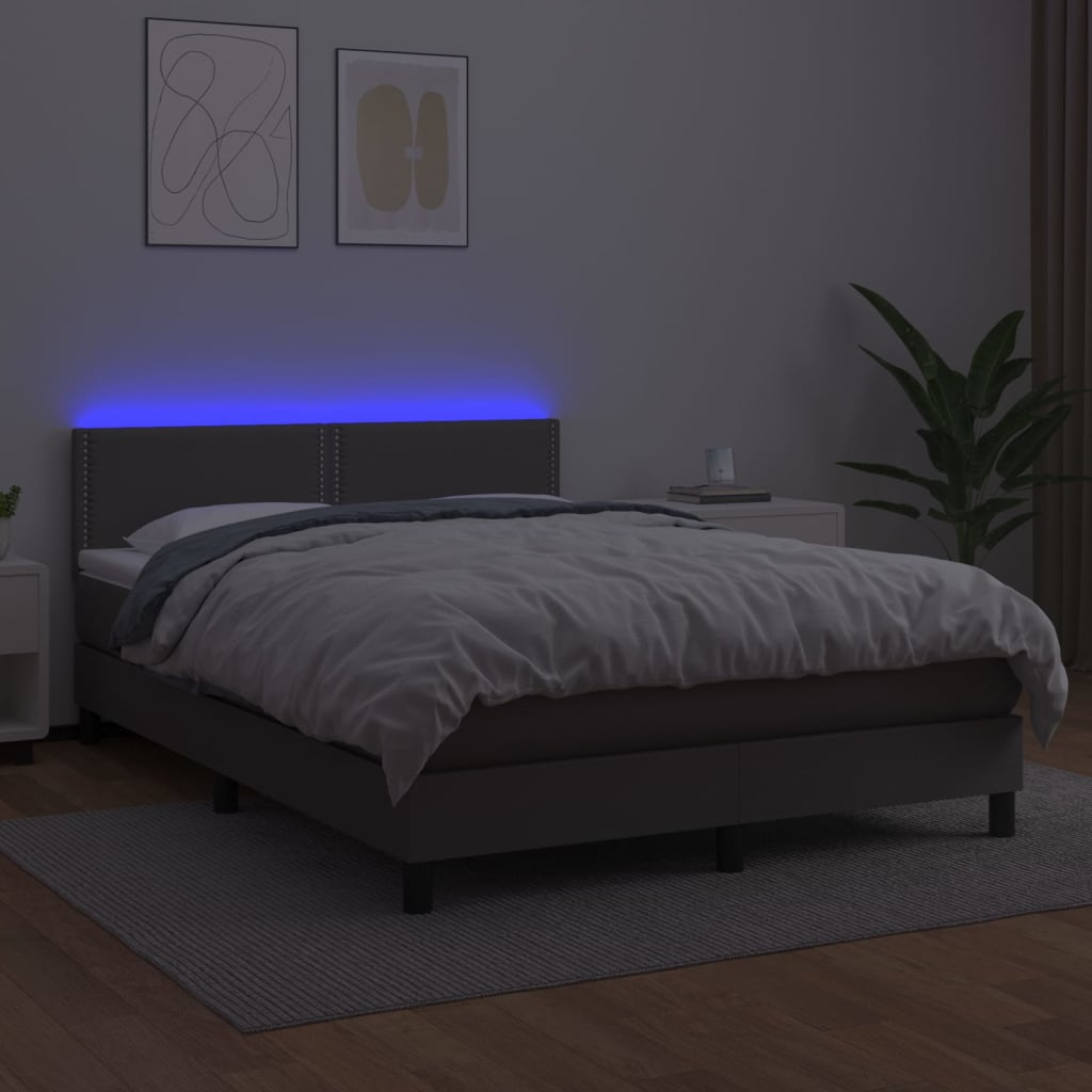 Cama box spring c/ colchão/LED 140x200cm couro artificial cinza