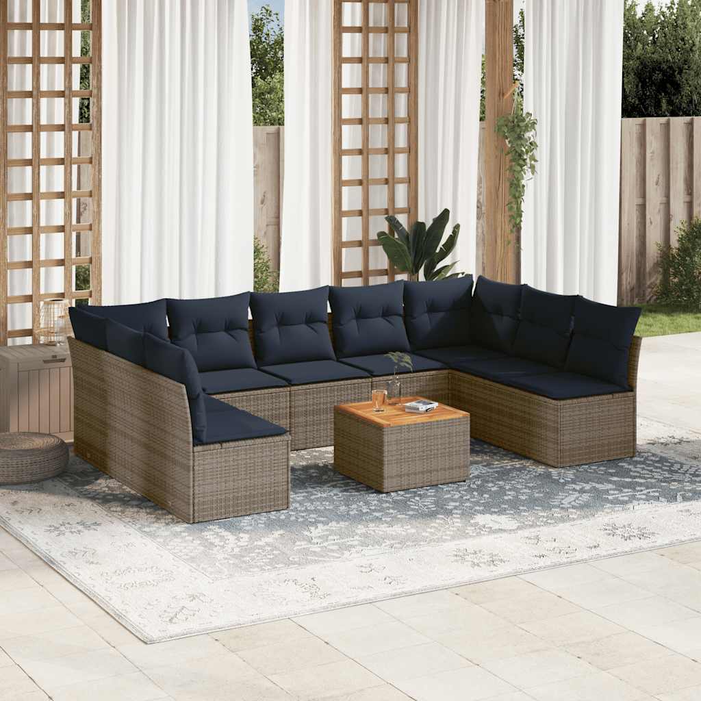 10 Pcs conjunto sofás p/ jardim c/ almofadões vime PE cinzento
