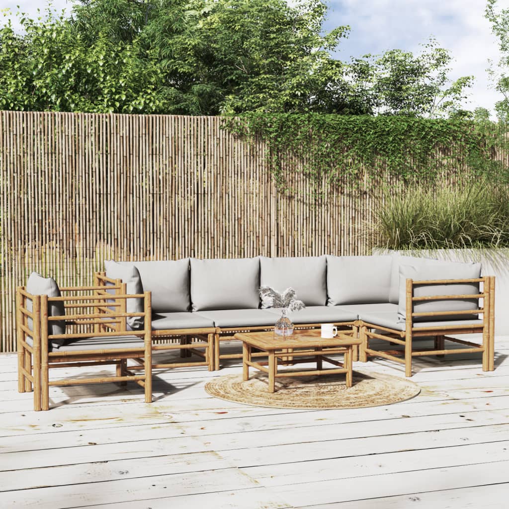 7 Pcs conj. lounge de jardim bambu c/ almofadões cinzento-claro