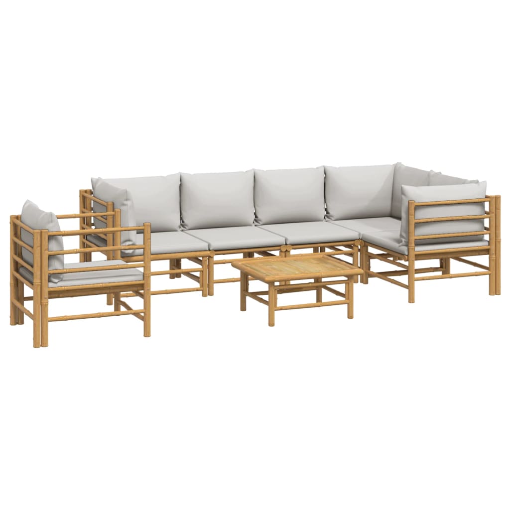7 Pcs conj. lounge de jardim bambu c/ almofadões cinzento-claro