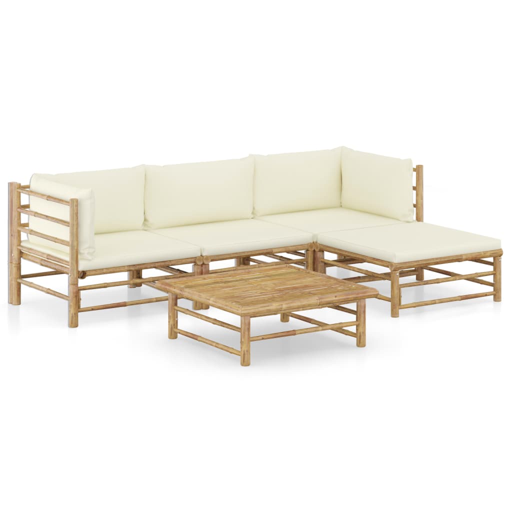 5 Pcs conj. lounge p/ jardim em bambu c/ almofadões branco nata