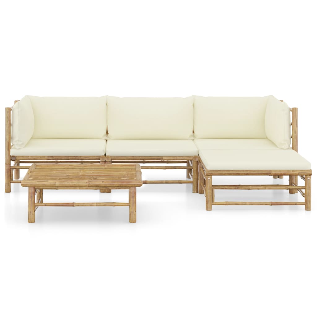 5 Pcs conj. lounge p/ jardim em bambu c/ almofadões branco nata
