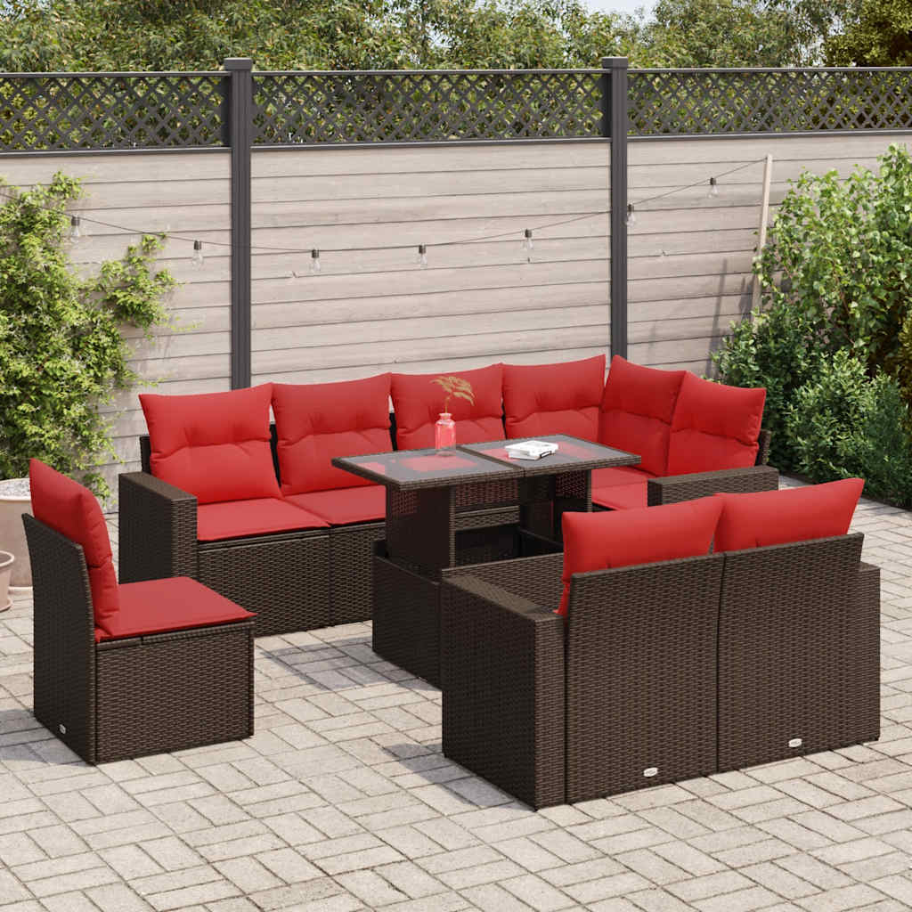 9 Pcs conj. sofás jardim c/ almofadões vime PE/acácia castanho