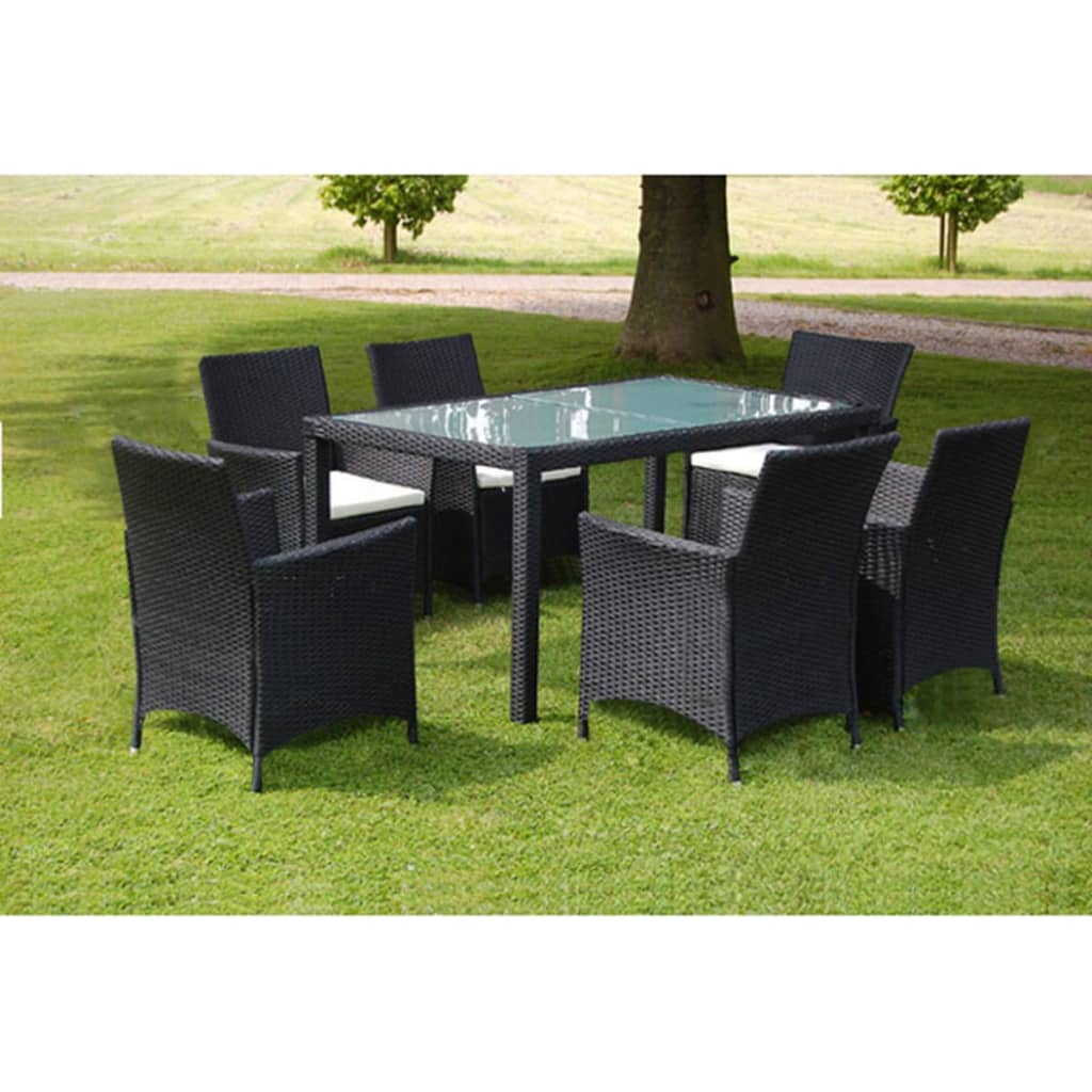 7 Pcs conjunto jantar exterior com almofadões vime PE preto