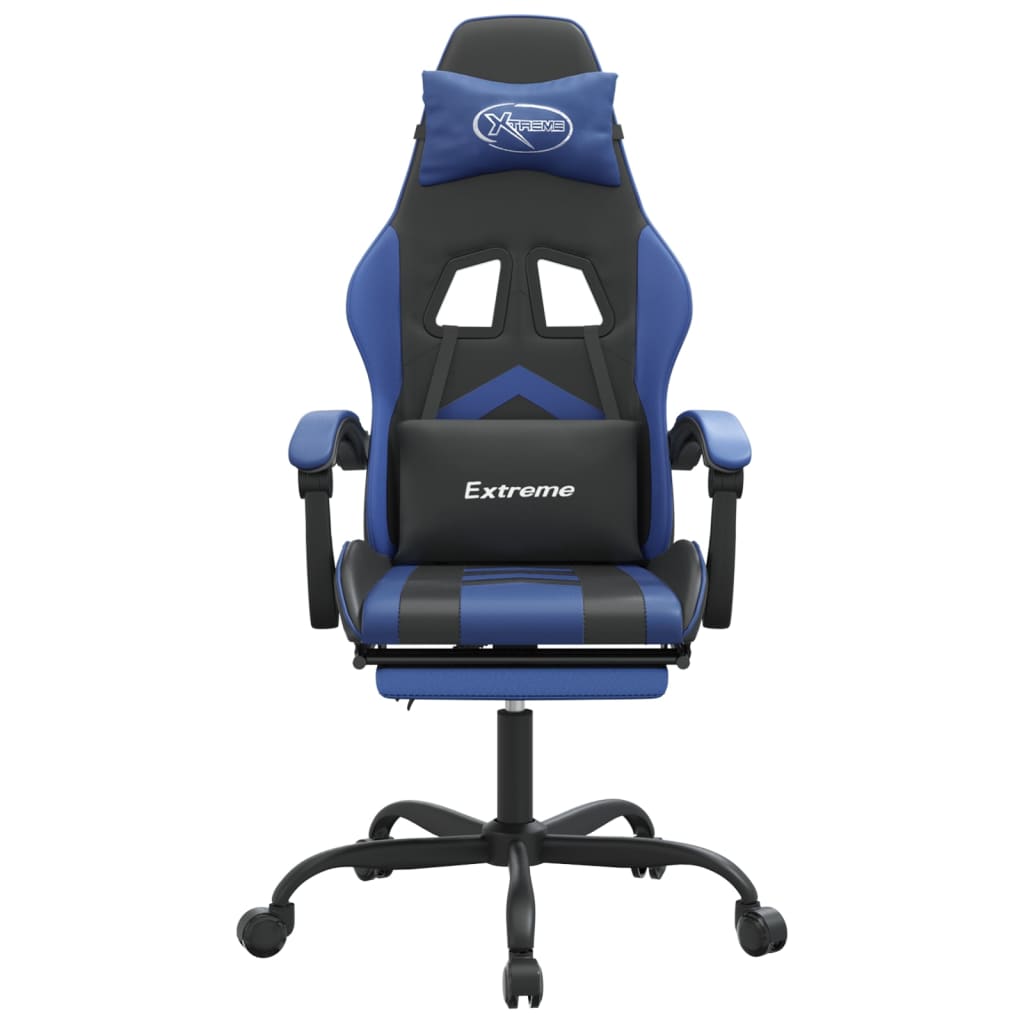 Cadeira gaming giratória c/ apoio pés couro artif. preto/azul