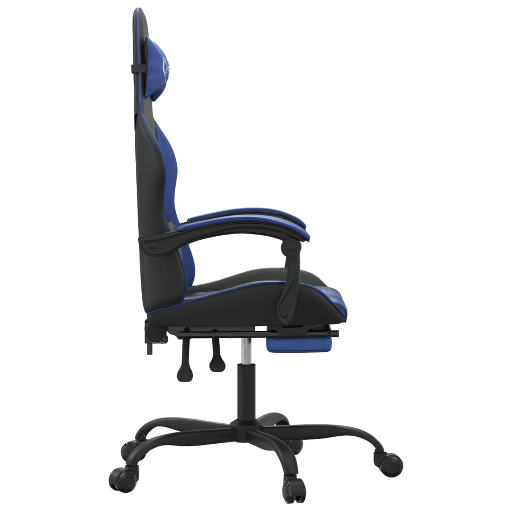 Cadeira gaming giratória c/ apoio pés couro artif. preto/azul