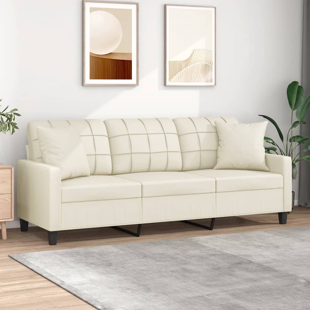 Sofá 3 lug. c/ almofadas decorativas 180 cm couro artif. creme
