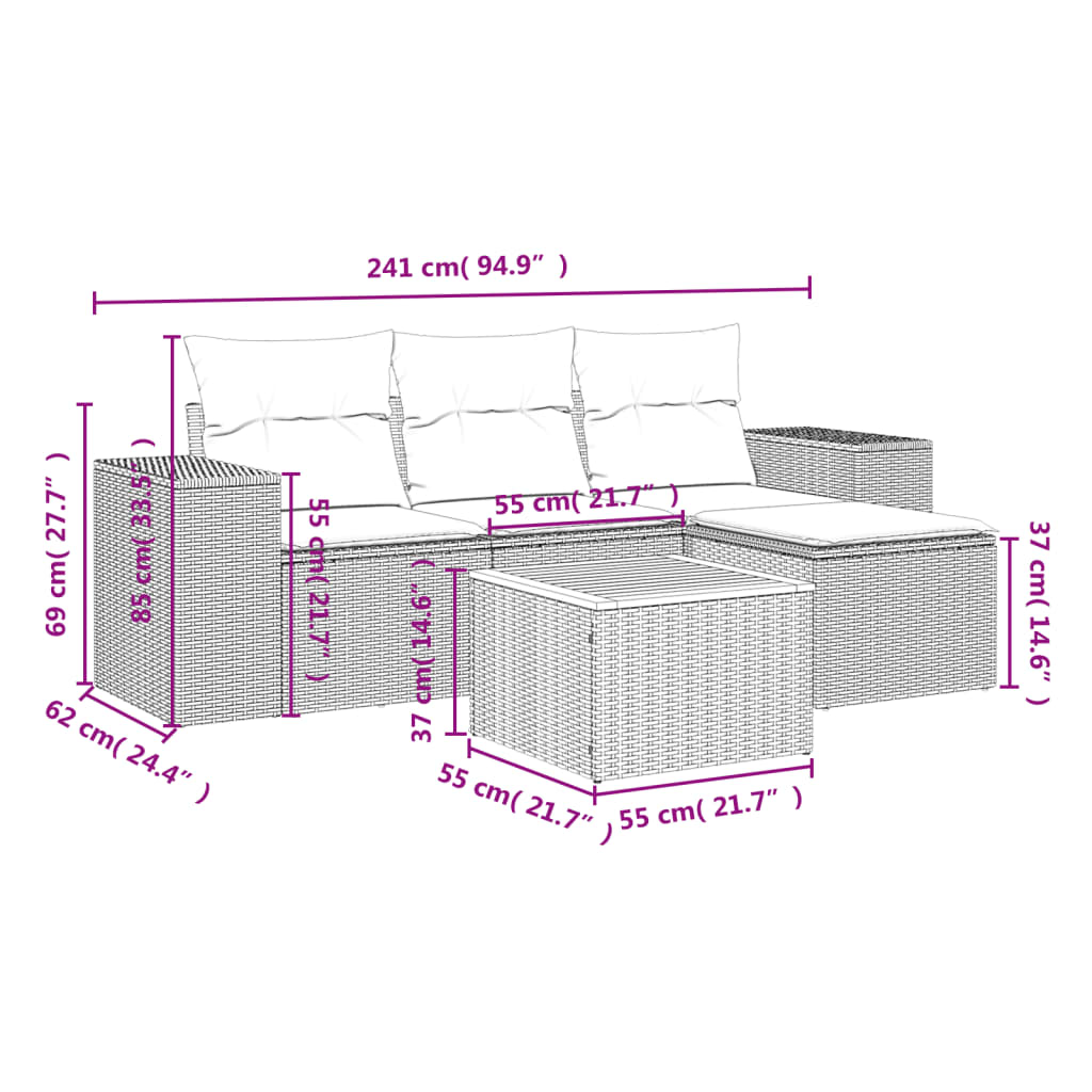5 Pcs conjunto sofás de jardim com almofadões vime PE preto
