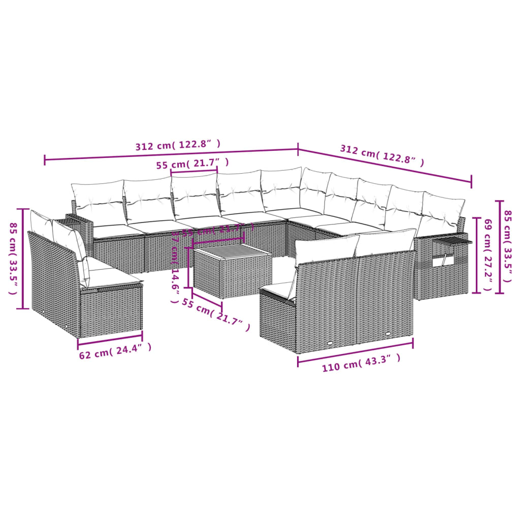 14 Pcs conjunto de sofás p/ jardim c/ almofadões vime PE preto