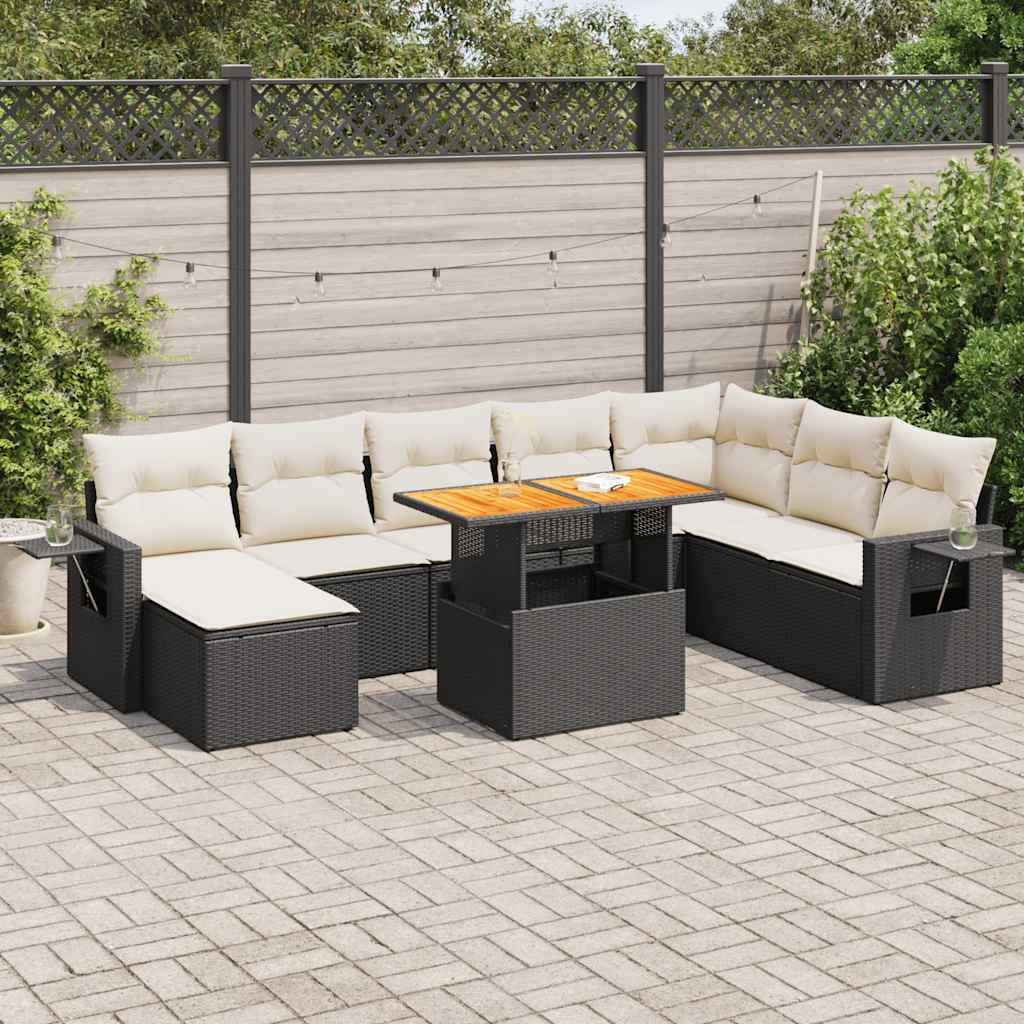 9 Pcs conjunto de sofás p/ jardim c/ almofadões vime PE preto