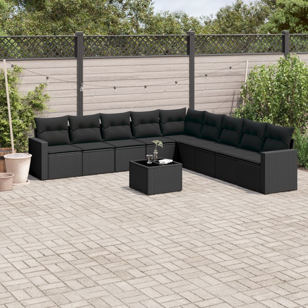 10 Pcs conjunto sofás de jardim c/ almofadões vime PE preto
