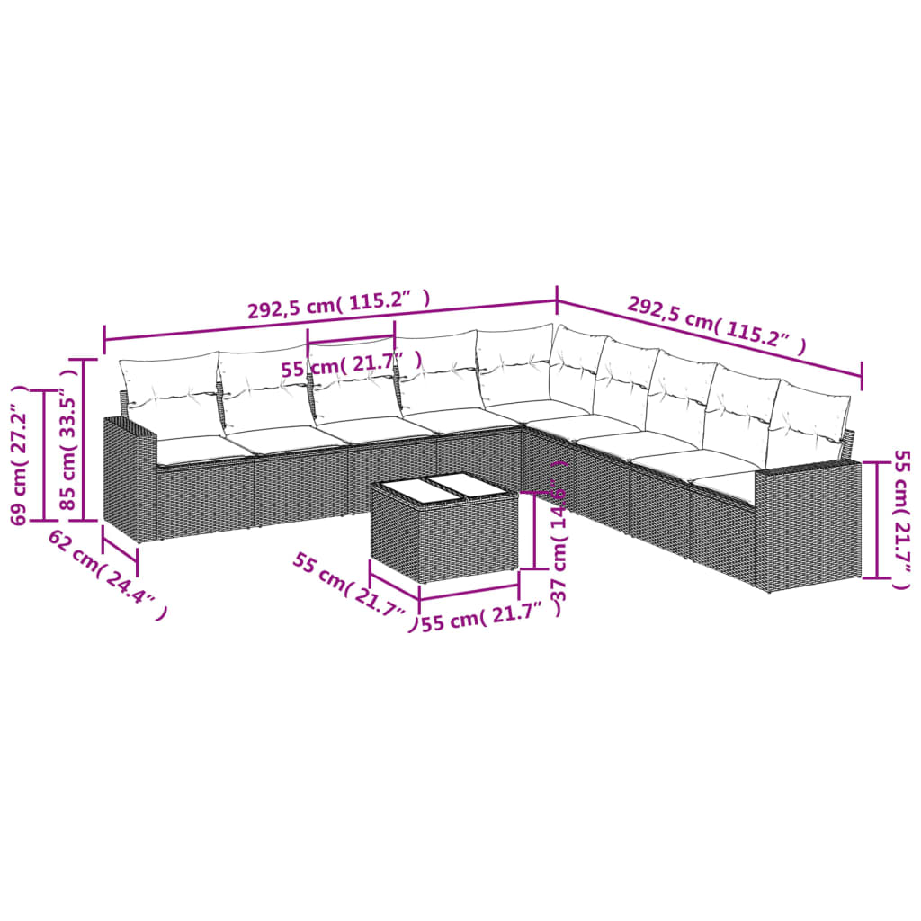 10 Pcs conjunto sofás de jardim c/ almofadões vime PE preto