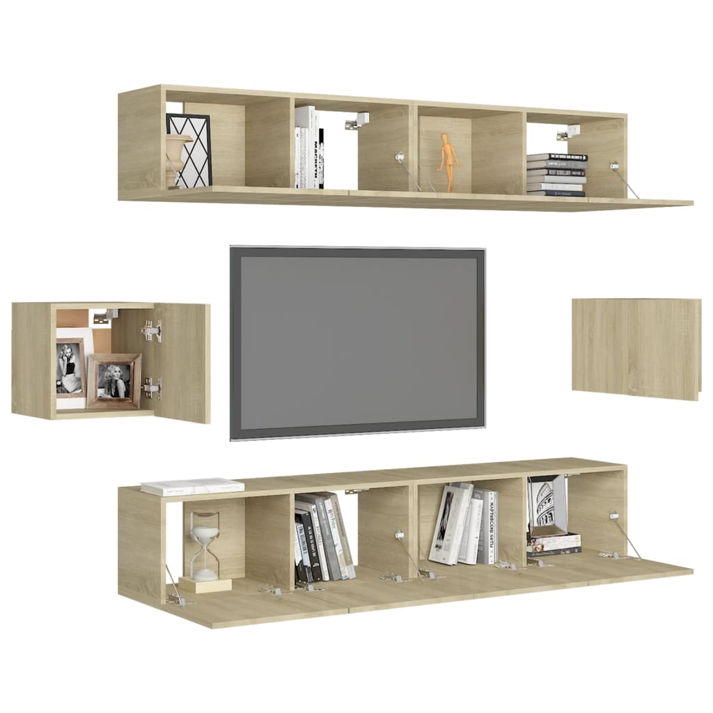 6Pcs conjunto de móveis de TV derivados madeira carvalho sonoma