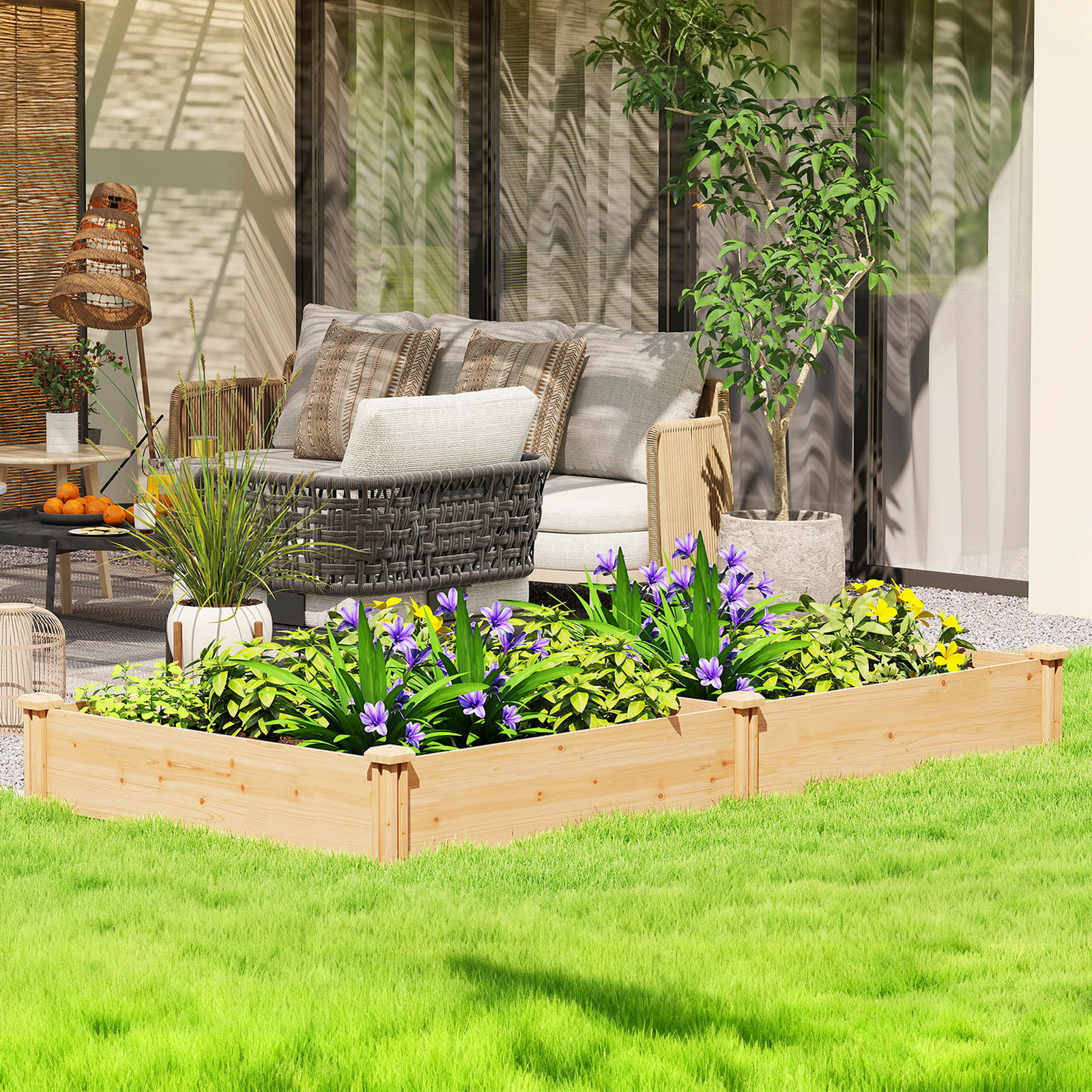 Jardinheira elevada em madeira horta urbana para cultivar plantas com divisor e base aberta 235x121x26 cm madeira