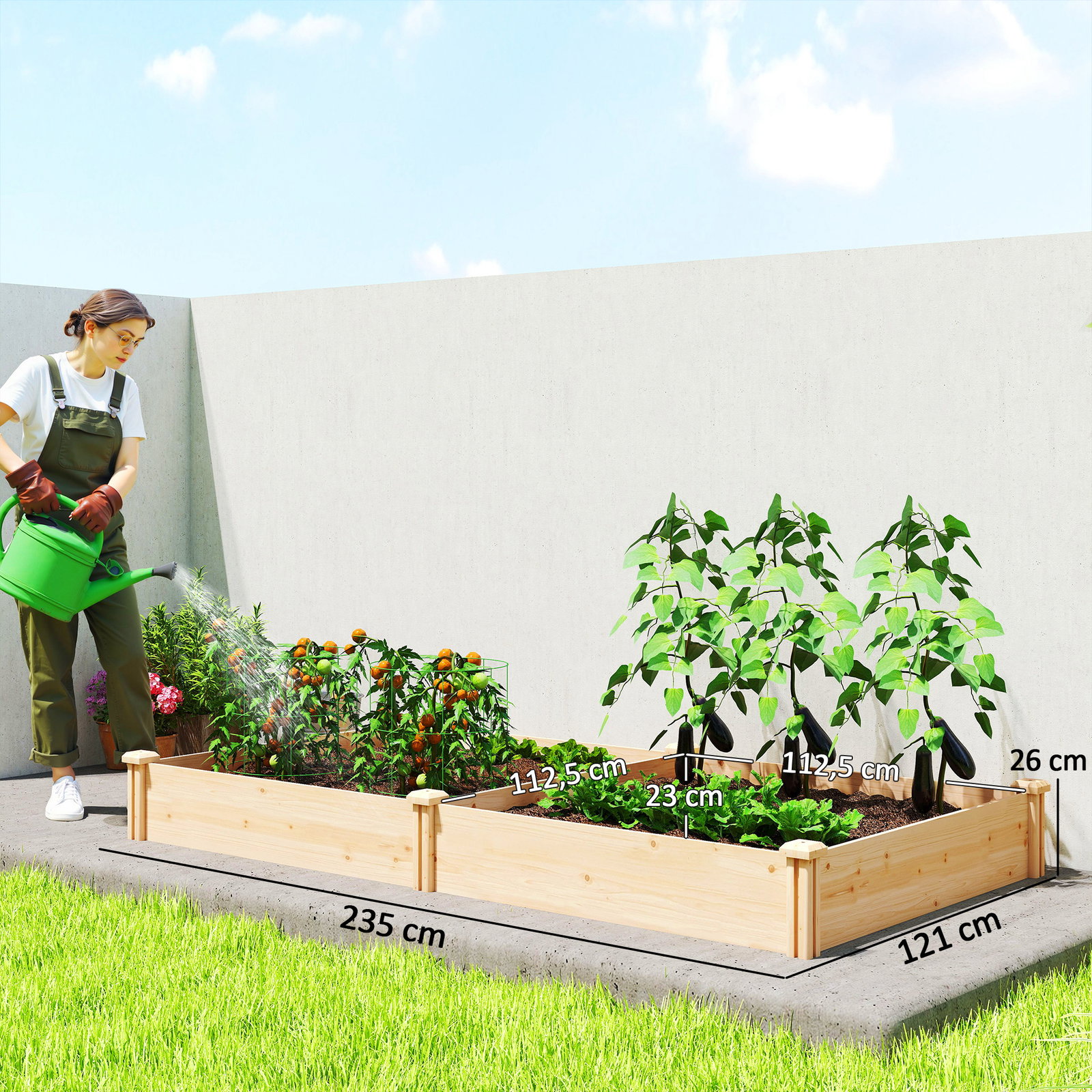 Jardinheira elevada em madeira horta urbana para cultivar plantas com divisor e base aberta 235x121x26 cm madeira