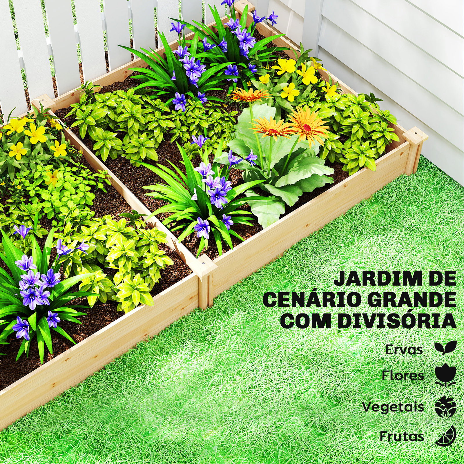 Jardinheira elevada em madeira horta urbana para cultivar plantas com divisor e base aberta 235x121x26 cm madeira