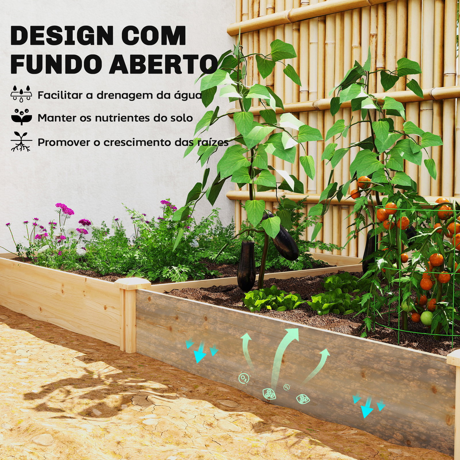Jardinheira elevada em madeira horta urbana para cultivar plantas com divisor e base aberta 235x121x26 cm madeira