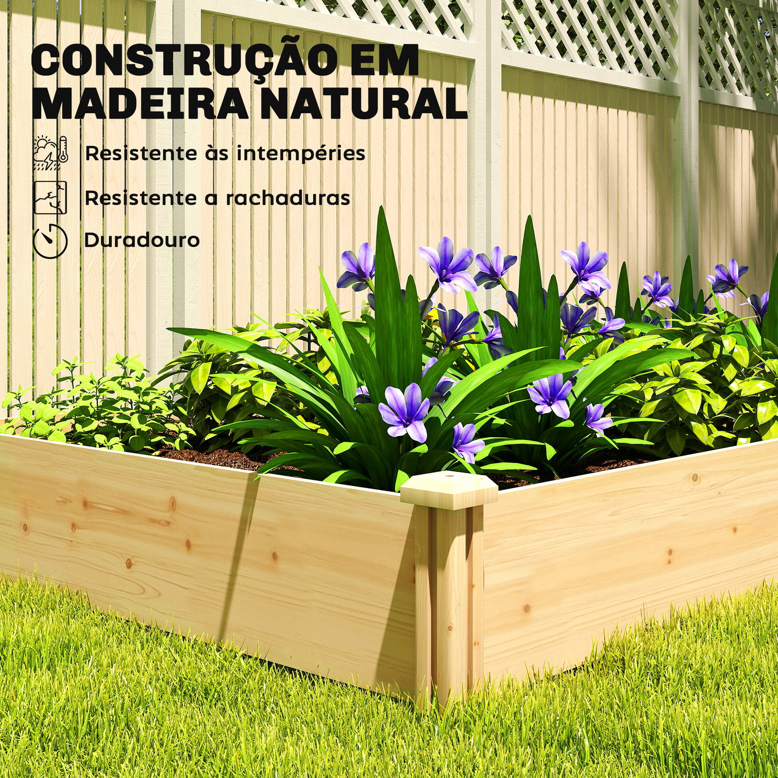 Jardinheira elevada em madeira horta urbana para cultivar plantas com divisor e base aberta 235x121x26 cm madeira