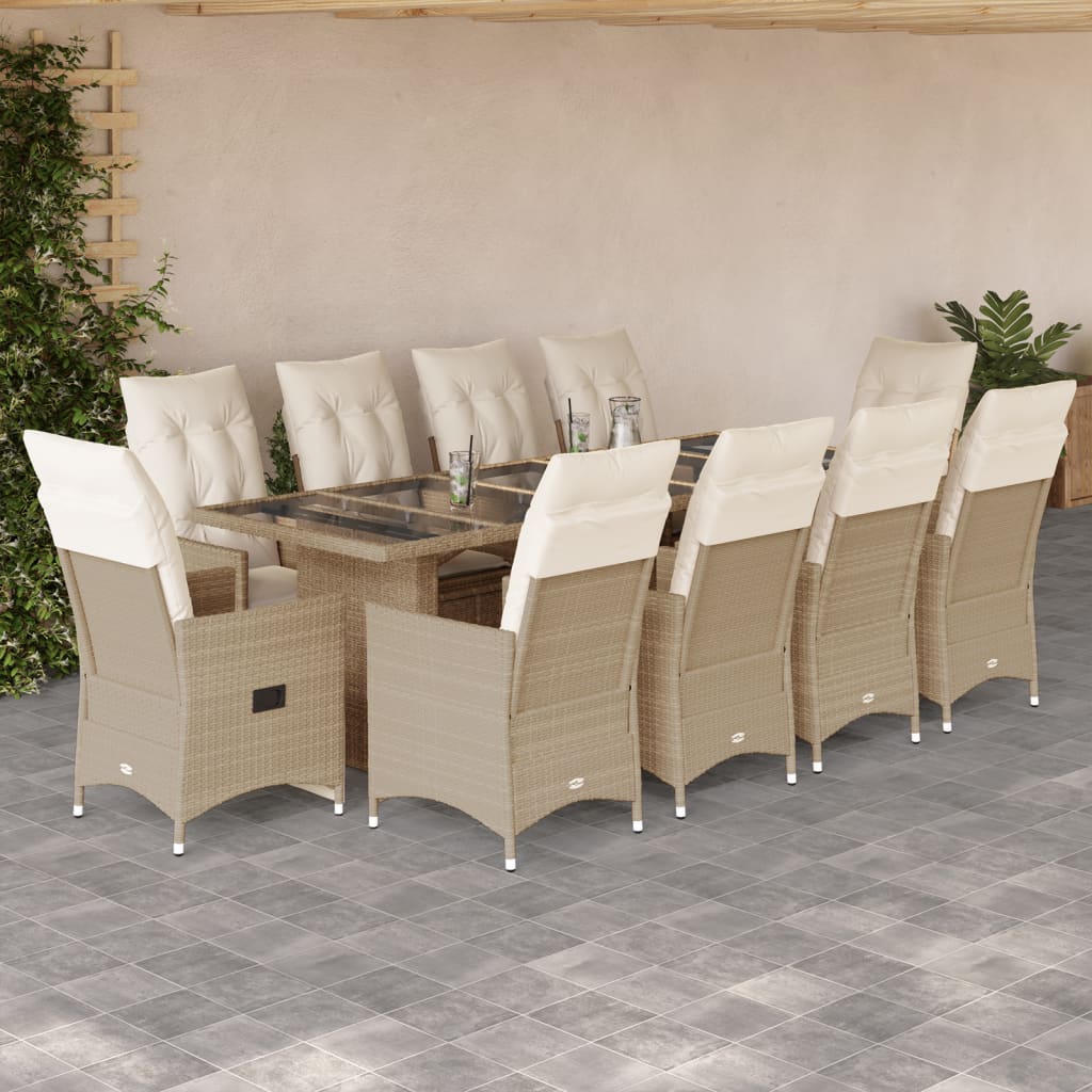 11 Pcs conjunto de bistrô p/ jardim c/ almofadões vime PE bege