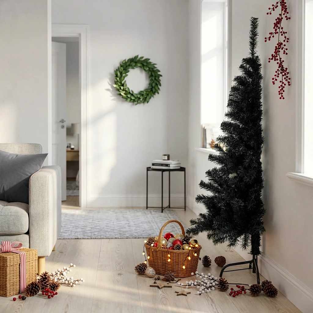 Meia árvore de natal artificial com suporte 150 cm PVC preto