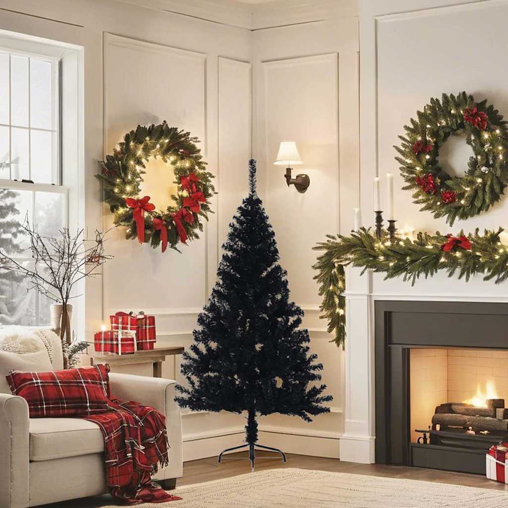 Meia árvore de natal artificial com suporte 150 cm PVC preto