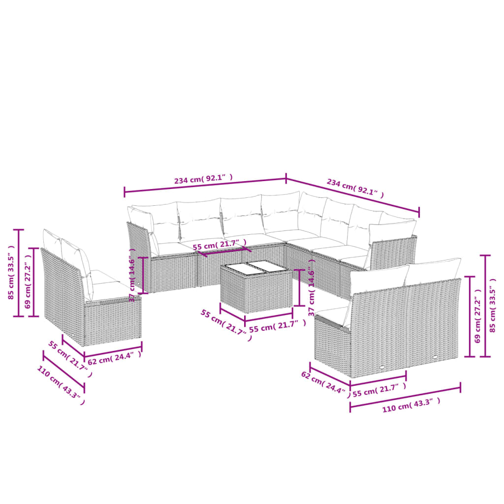 12 Pcs conjunto de sofás p/ jardim com almofadões vime PE bege