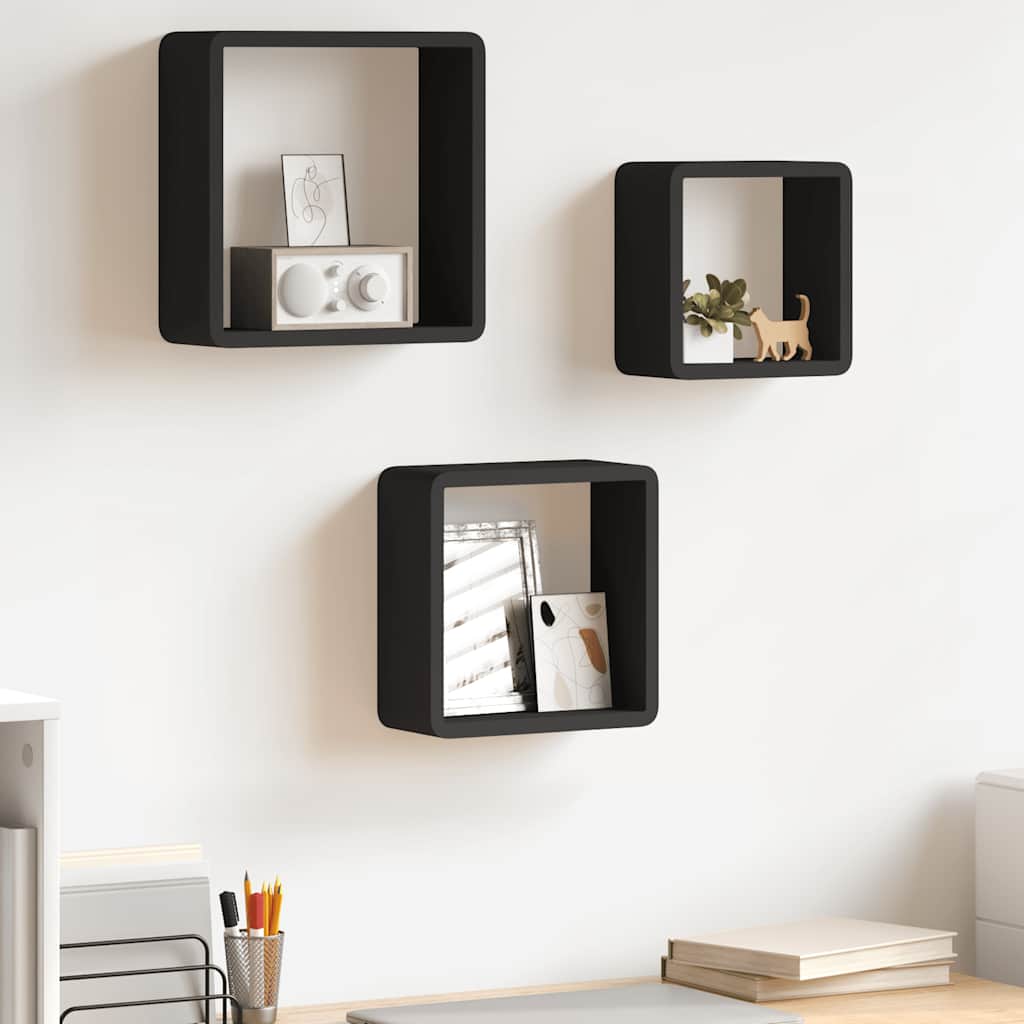 Prateleiras de parede em forma de cubo 3 pcs MDF preto