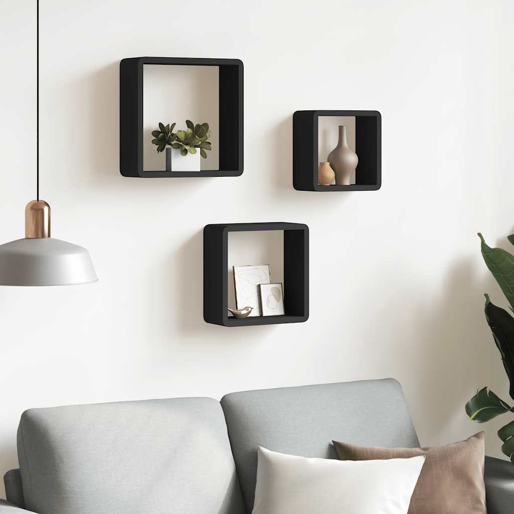 Prateleiras de parede em forma de cubo 3 pcs MDF preto