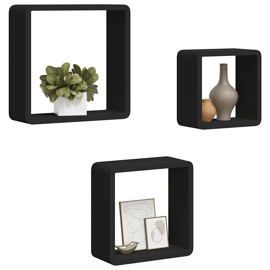 Prateleiras de parede em forma de cubo 3 pcs MDF preto