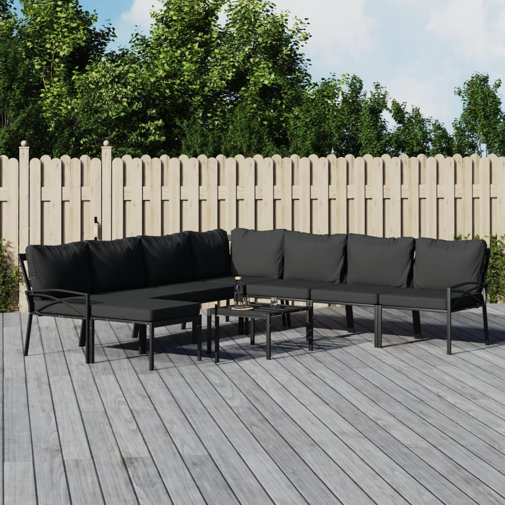 9 Pcs conjunto lounge de jardim aço c/ almofadões cinzentos