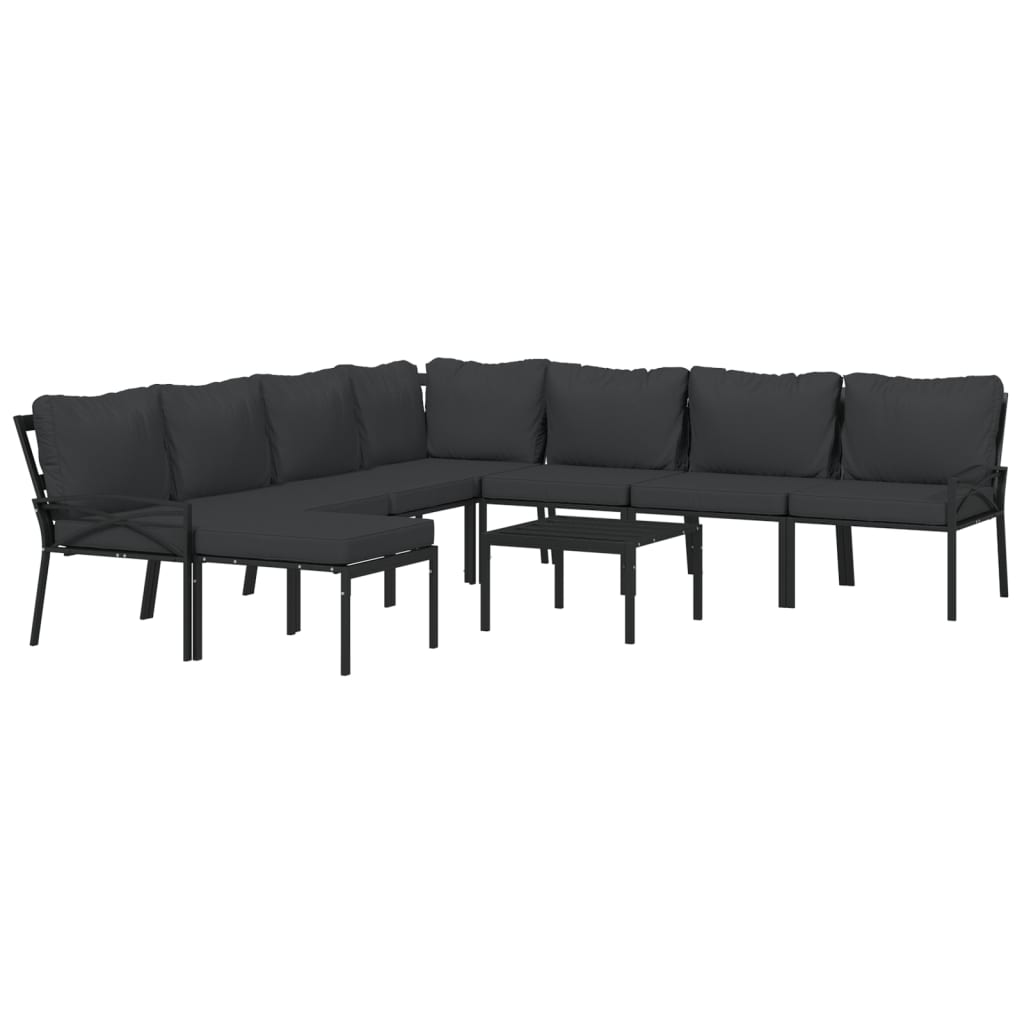 9 Pcs conjunto lounge de jardim aço c/ almofadões cinzentos