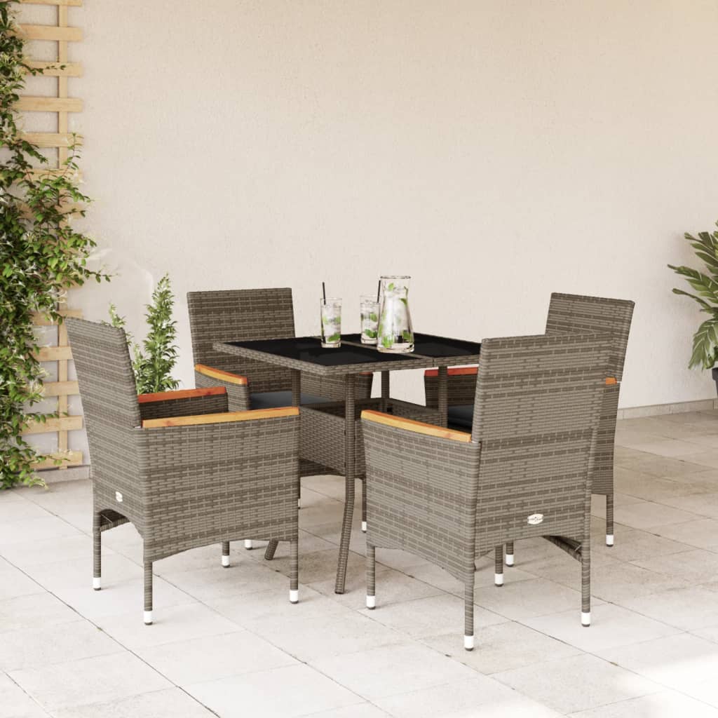 5 Pcs conjunto jantar jardim c/ almofadões vime PE/vidro cinza