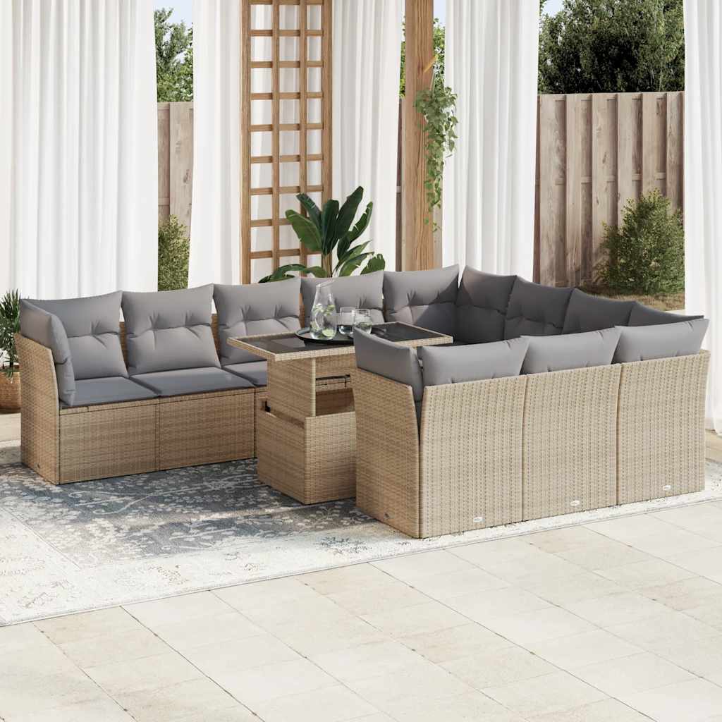 11 Pcs conjunto sofás de jardim c/ almofadões vime PE bege