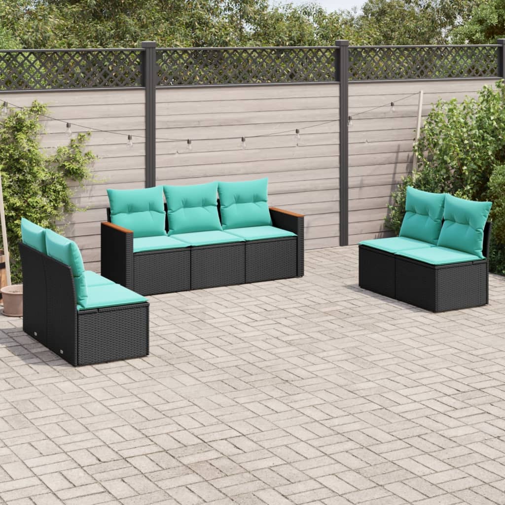 Conjunto de sofá de jardim com 7 peças e almofadas em rattan sintético preto