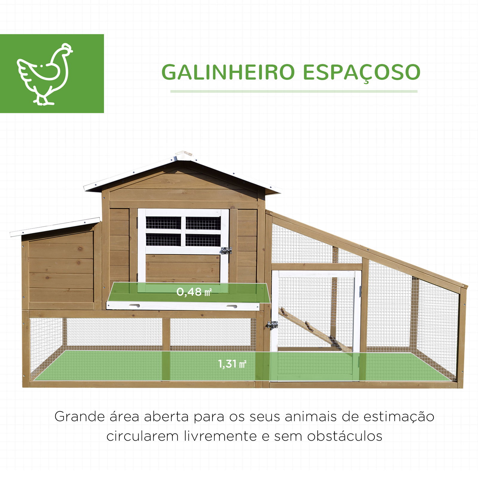 Galinheiro de madeira exterior gaiola para 2-4 galinhas com grade de arame tetos asfálticos ninho bandeja removível rampa e zona aberta 200x80x105cm natural e preto