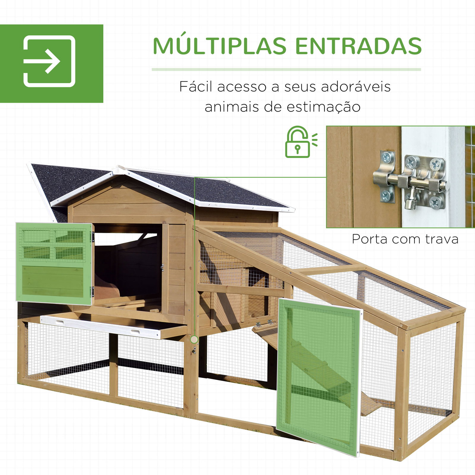 Galinheiro de madeira exterior gaiola para 2-4 galinhas com grade de arame tetos asfálticos ninho bandeja removível rampa e zona aberta 200x80x105cm natural e preto
