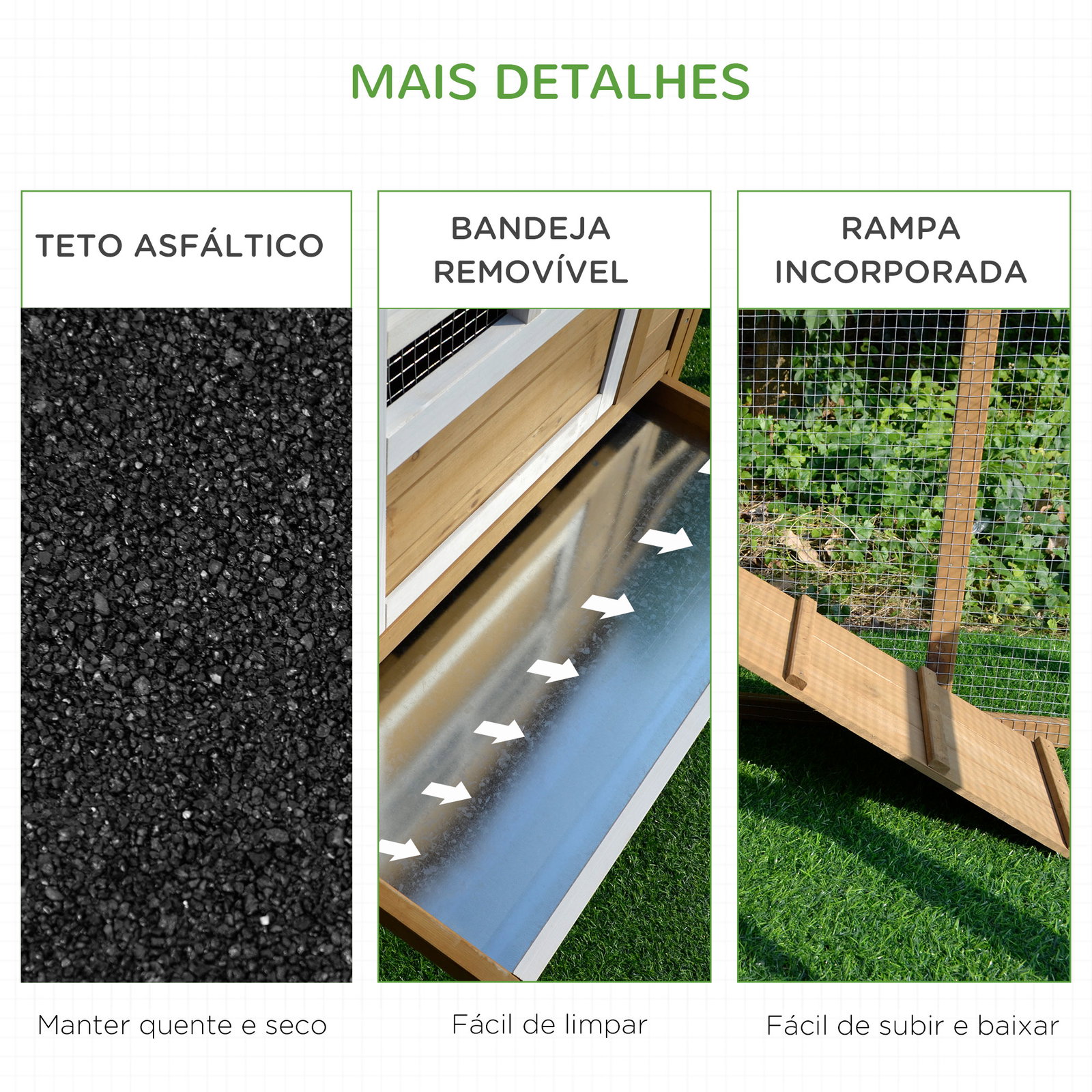 Galinheiro de madeira exterior gaiola para 2-4 galinhas com grade de arame tetos asfálticos ninho bandeja removível rampa e zona aberta 200x80x105cm natural e preto