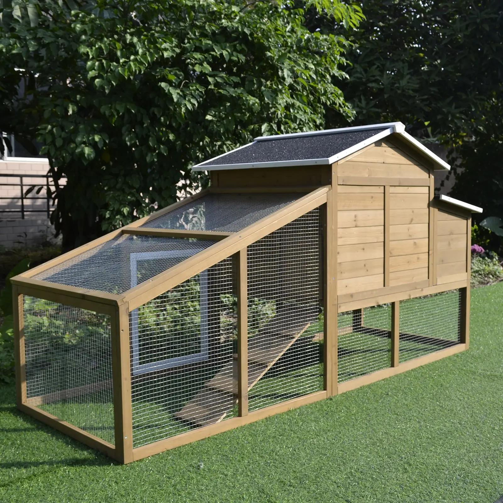 Galinheiro de madeira exterior gaiola para 2-4 galinhas com grade de arame tetos asfálticos ninho bandeja removível rampa e zona aberta 200x80x105cm natural e preto