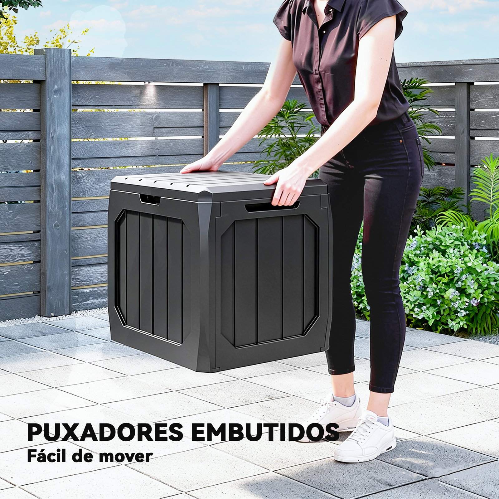 Baú de armazenamento exterior em plástico com capacidade de 121l 2 alças e tampa impermeável 56x45x53 cm preto